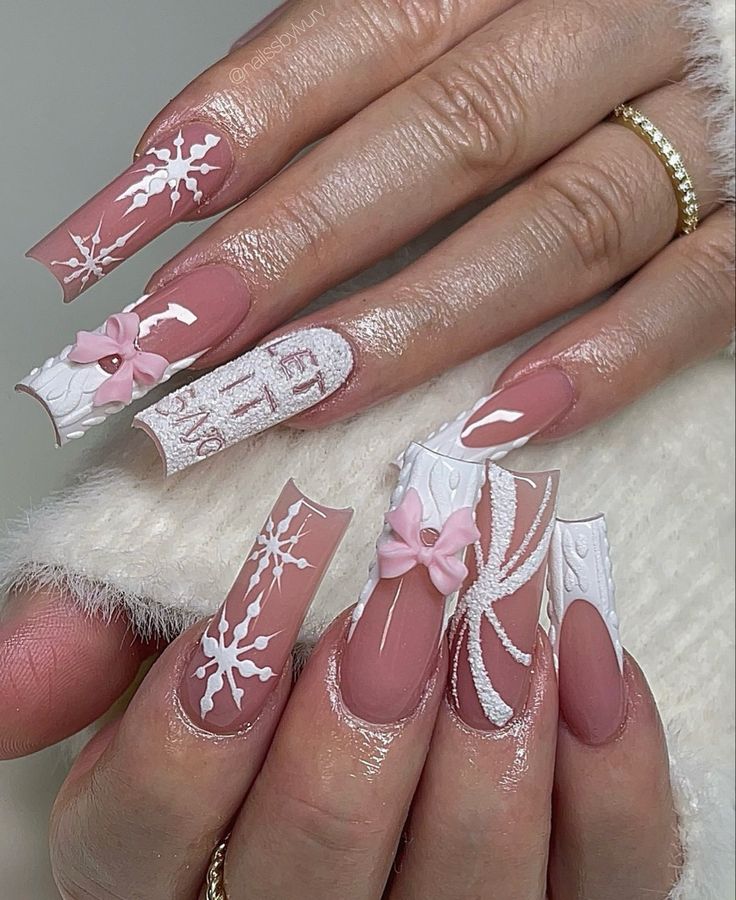 Snow Nails, Holiday Nails Christmas, Winter Nails Acrylic, Acrylic Press On Nails, Girly Acrylic Nails, Short Square Acrylic Nails, Christmas Nails Acrylic, White Nail, Pink Acrylic Nails