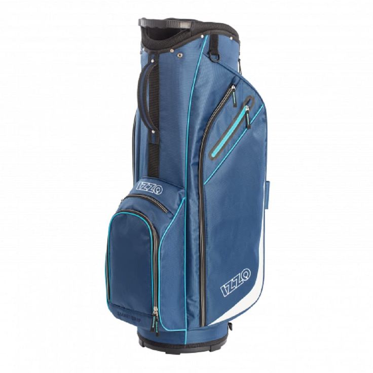 a blue golf bag sitting on top of a white surface