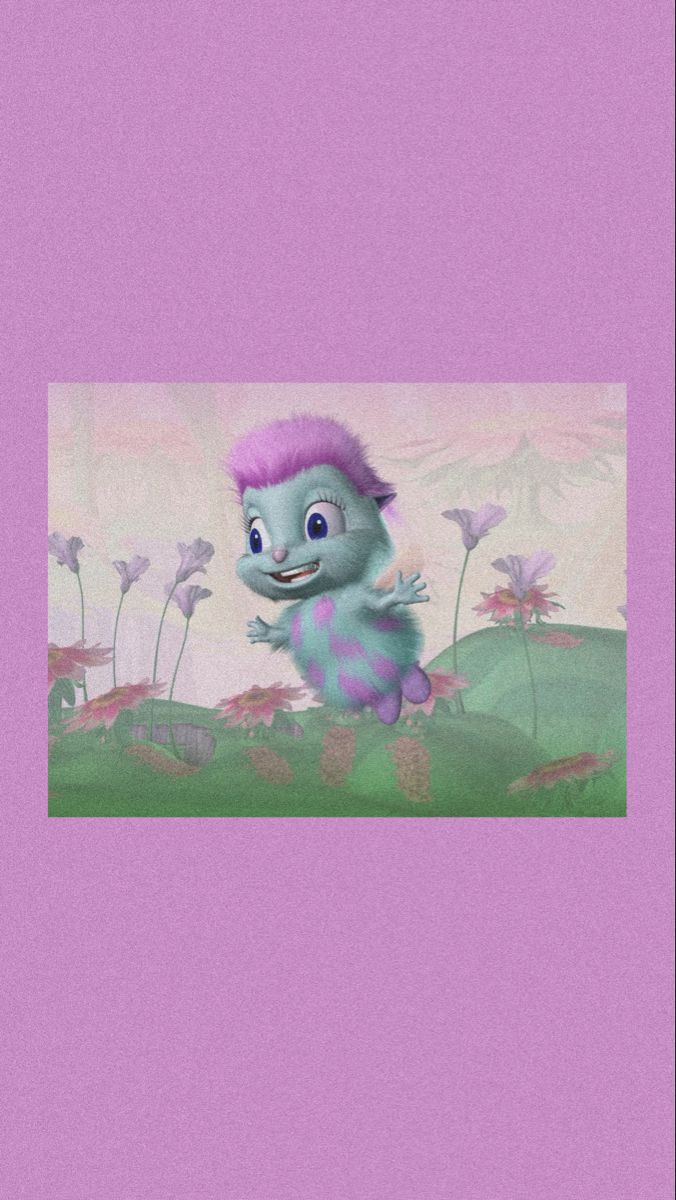 an image of a cartoon character with pink hair and blue eyes on a purple background