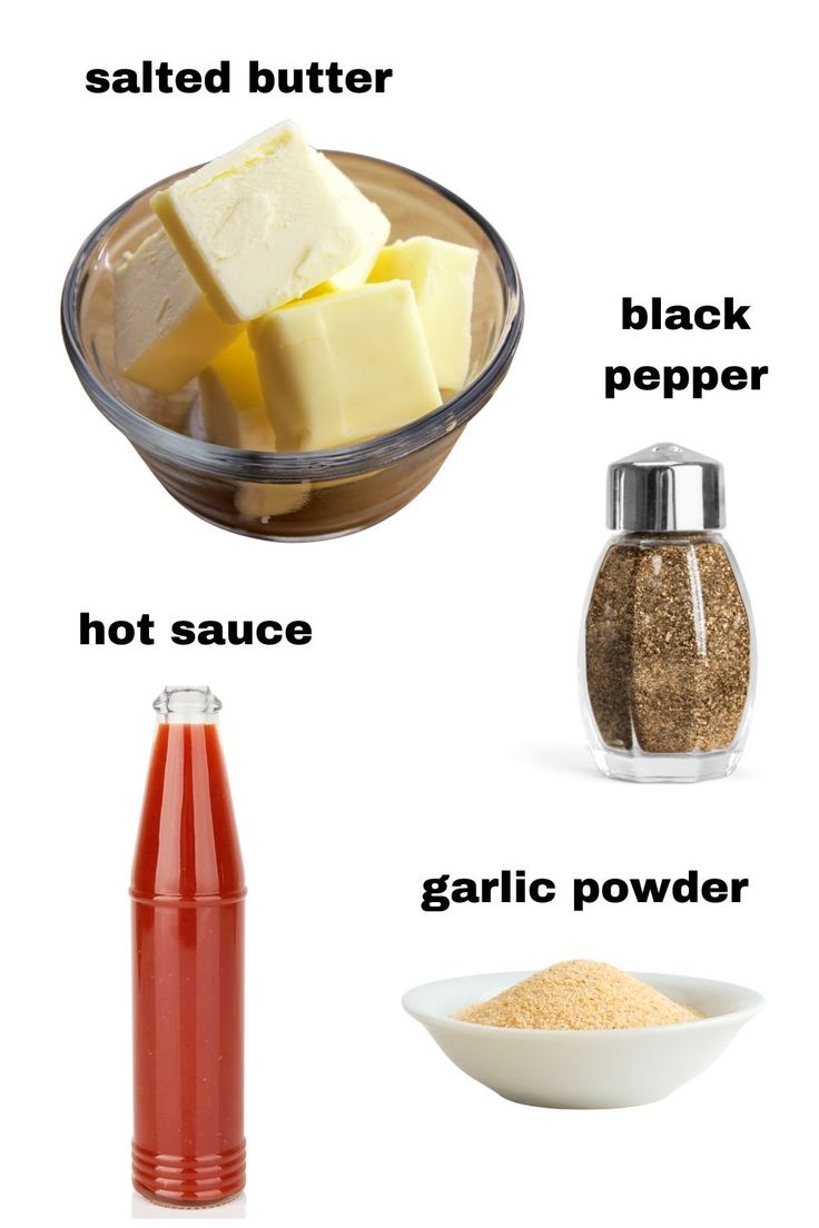 ingredients to make homemade butter and pepper shaker recipe on white background with text overlay that says salted butter, black pepper, hot sauce, hot sauce, garlic powder