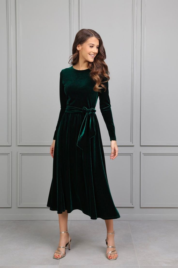 Dark Green Velvet Dress, Emerald Green Velvet Dress, Long Sleeve Elegant Dresses, Velvet Formal Dress, Dark Green Bridesmaid Dress, Evening Midi Dress, Dark Green Dress, Velvet Bridesmaid Dresses, Green Velvet Dress