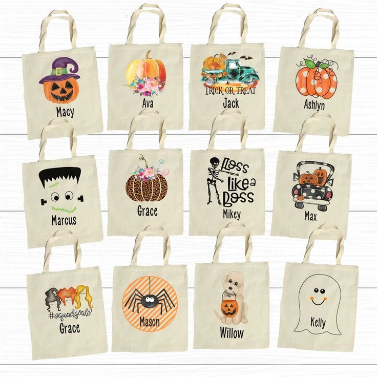 a collection of halloween bags with different designs on them, all decorated in various styles and colors