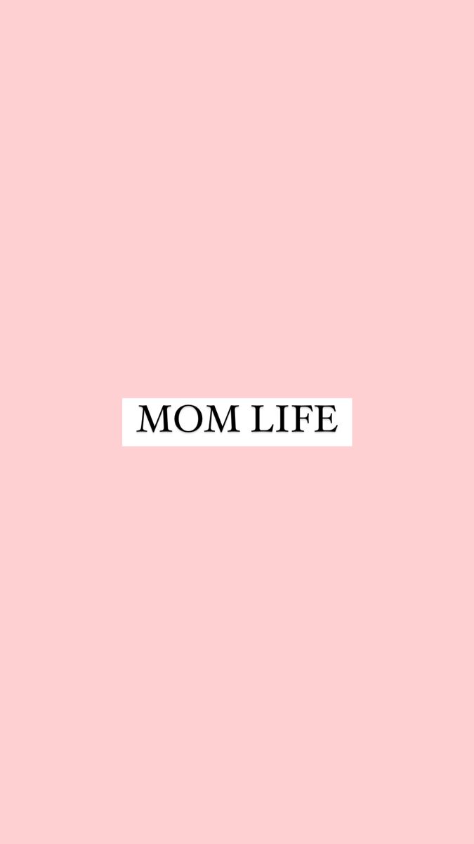 the word mom life is written in black on a pink background with a white rectangle