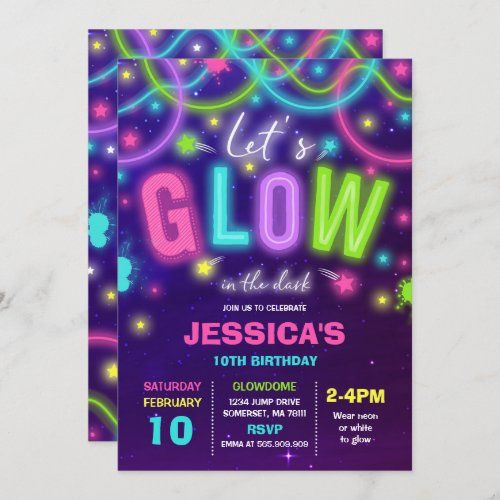 glow birthday party invitation with neon lights