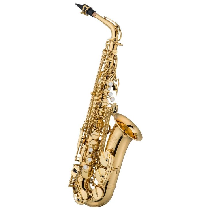 a gold saxophone is shown against a white background