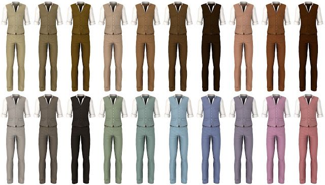 a bunch of different colored men's pants and vests with ties on them