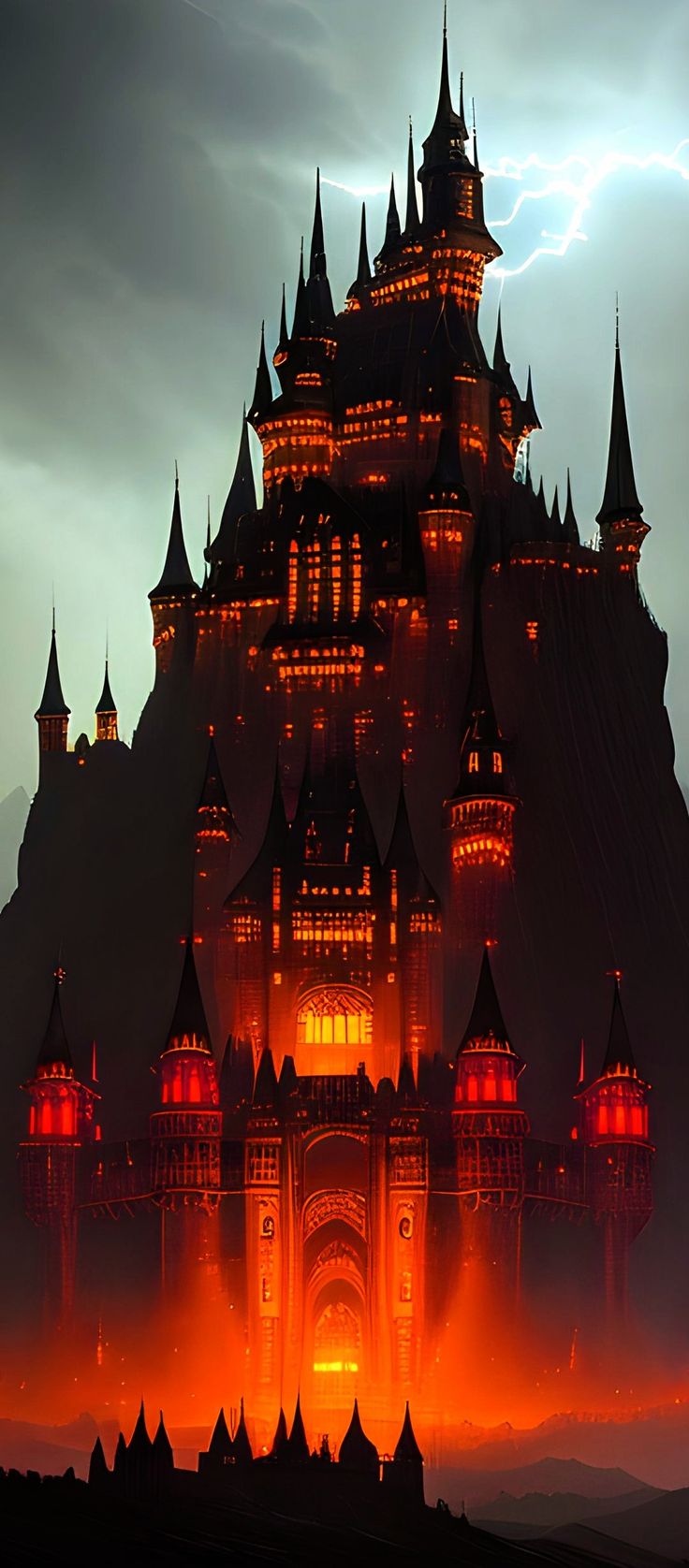 an image of a castle with red lights on it