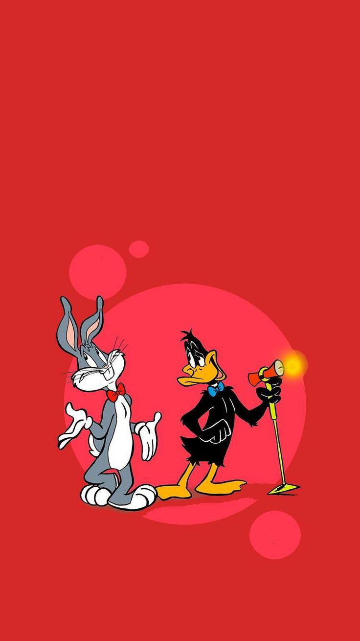 two cartoon characters standing next to each other on a red background and one is holding a microphone