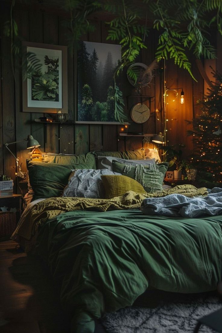 a bed with green comforter and pillows next to a christmas tree in a dark room