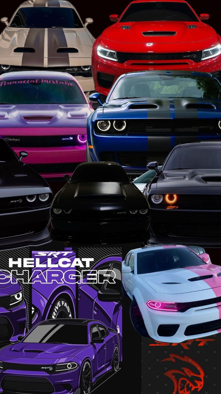 several different colored cars are shown in this graphic art work, with the words hellcat chargers on them