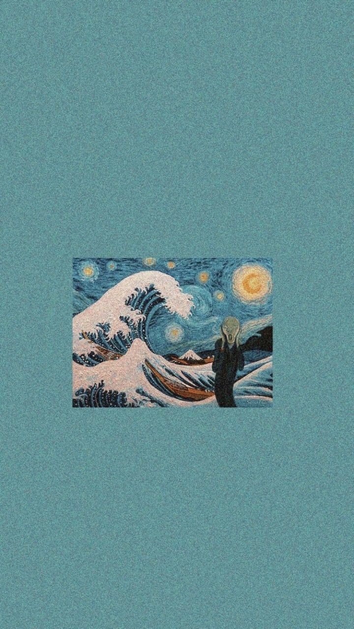 an image of a person standing in front of a painting with waves and the moon