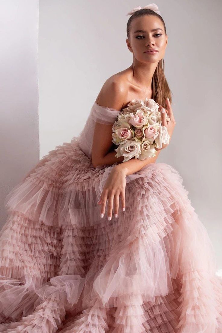 Off Shoulder Corset Layered Puffy Tulle Fashion Evening Gown Evening & Formal Dresses BlissGown Blue 6 Tulle Fashion, Layered Gown, Dress Styling, Shoot Poses, Prom Dresses Long Pink, Pink Long Dress, Ruffle Gown, Exquisite Gowns, Tulle Evening Dress