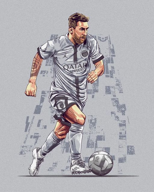 a drawing of a man playing soccer on a gray and white background with the ball in front of him