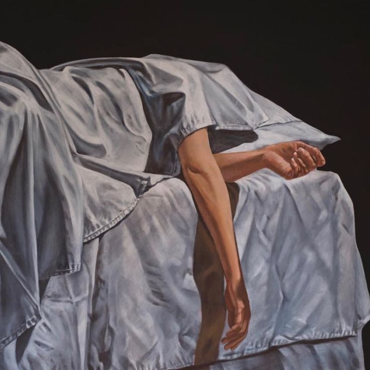 a painting of a person laying on a bed covered in sheets with their feet up