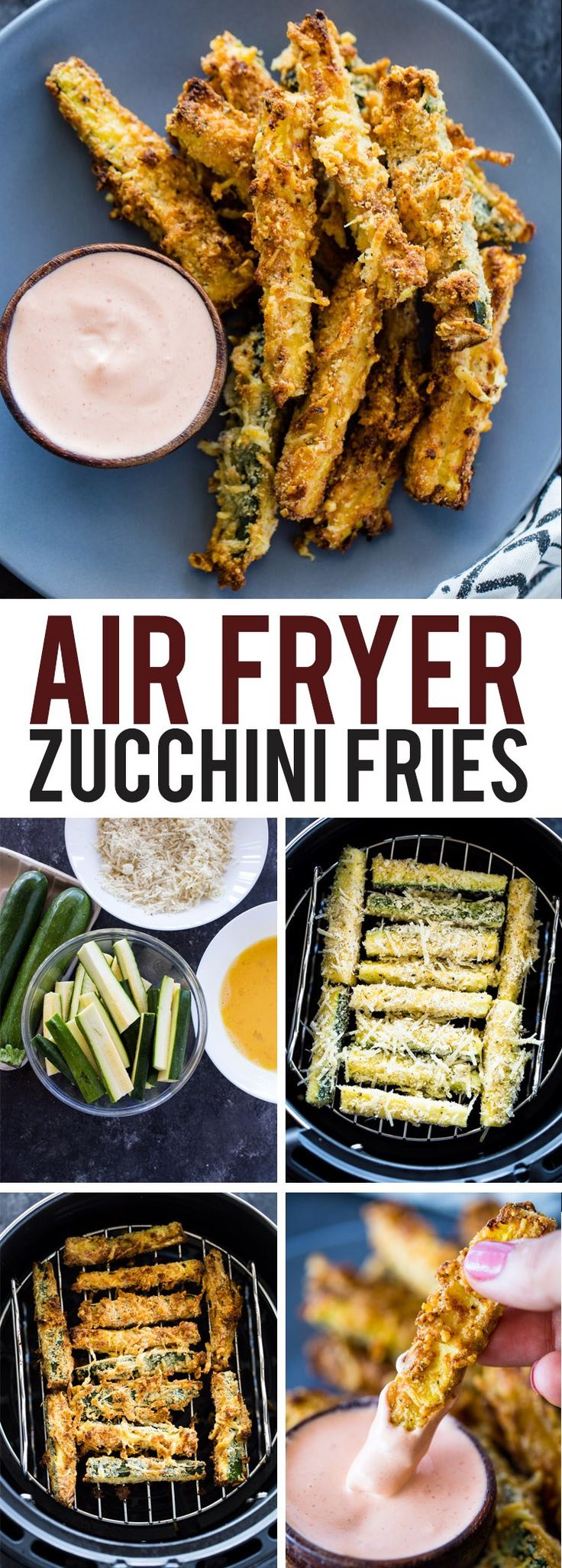 air fryer zucchini fries with dipping sauce on top and in the middle