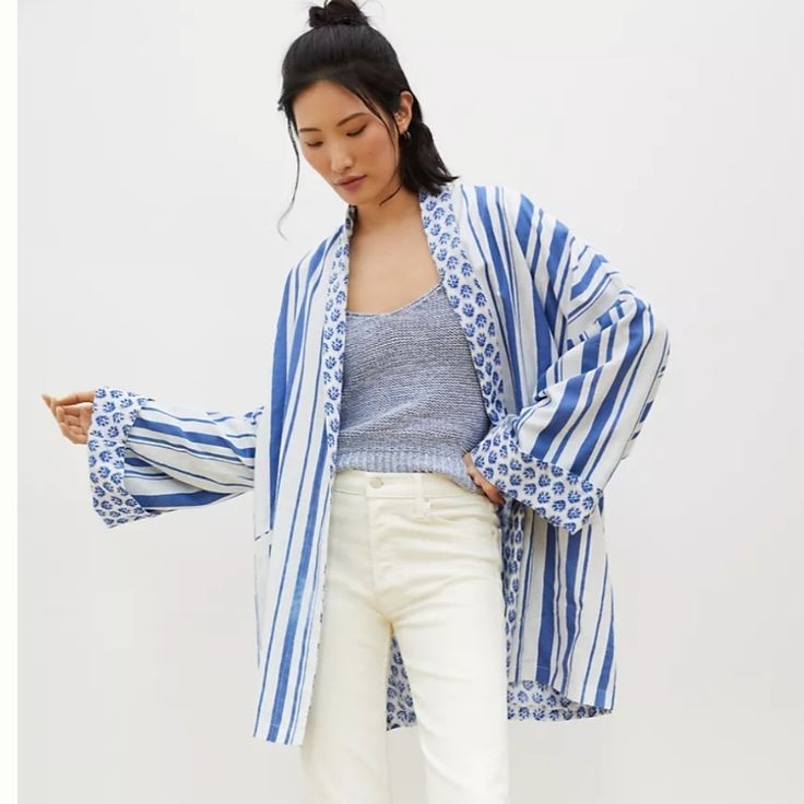 Nwt, Anthropologie Blue & White Seaside Striped Kimono. Gauzy & Drapey! Oversized! 100% Cotton - Machine Wash Open Front 30" Long Gorgeous! A10 Blue Kimono For Spring Daywear, Blue Kimono For Daywear In Spring, Blue Spring Kimono For Daywear, Casual Indigo Kimono For Spring, Blue Relaxed Fit Kimono For Spring, Chic Blue Cotton Outerwear, Summer Cotton Outerwear In Indigo, Bohemian Indigo Outerwear For Spring, Summer Blue Outerwear For Daywear