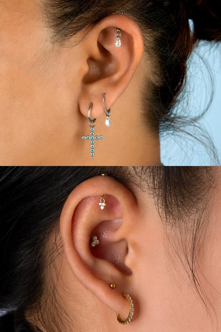 two pictures of a woman's ear with different piercings