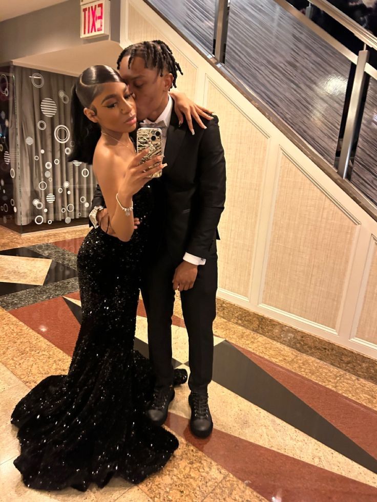 ──★ ˙ ̟ Black Prom Black Couple, Black Homecoming Pictures, Hoco Couples Black, Hoco Pics Couple Black, Black Prom Theme Couples, Hoco Black Couple, Hoco Color Ideas, Black Couples Homecoming Outfits, Homecoming Pictures With Date Black