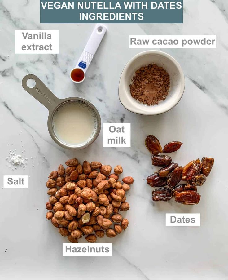 ingredients to make vegan nutella with dates on a white marble counter top, labeled in