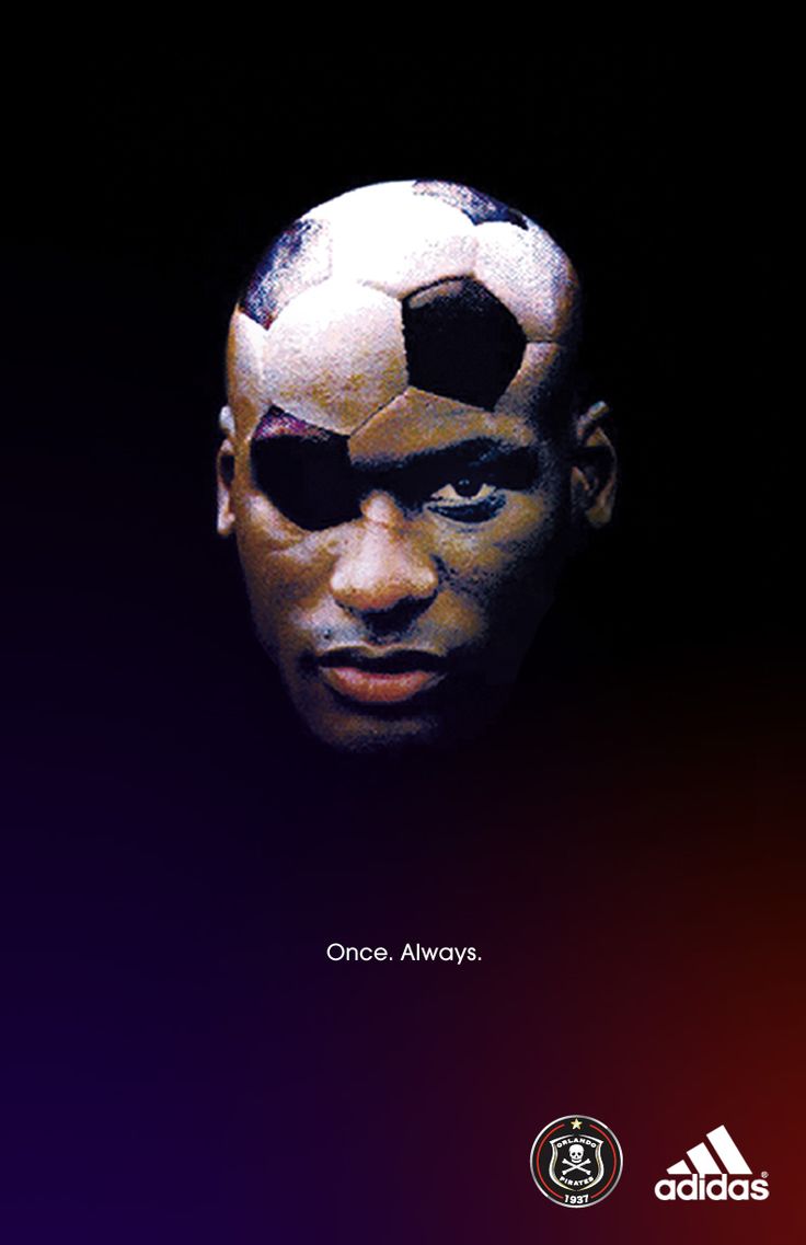 a soccer player's face with the ball on his head, in front of a black background