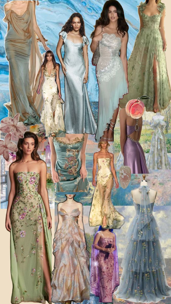 Ethereal Bridesmaids Dresses, Main Character Prom Dress, Fairy Themed Wedding Dress Bridesmaid, Dresses To Wear To A Beach Wedding, Iridescent Bridesmaid Dress, Ethereal Cowgirl, Ethereal Bridesmaid Dress, Vogue Bridesmaids, Mixed Fabric Bridesmaid Dresses