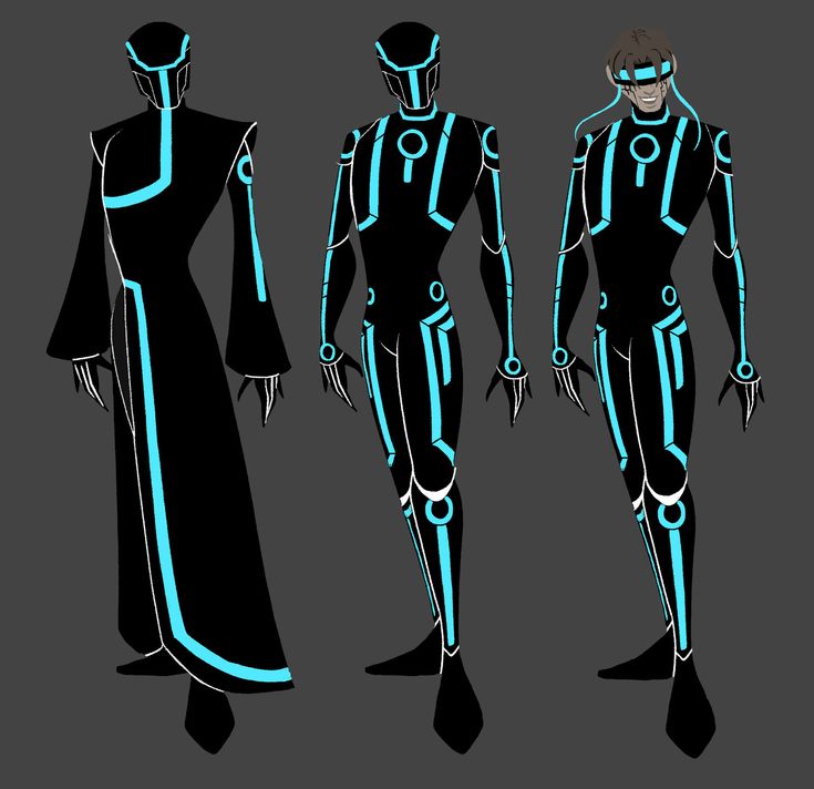 three different views of an alien woman in black and blue