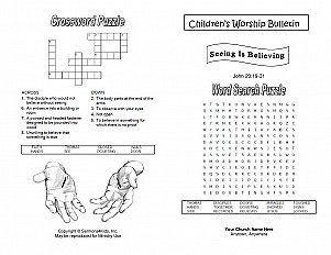 a crossword puzzle with two hands holding each other's hand and the words children's worship bulletin written below