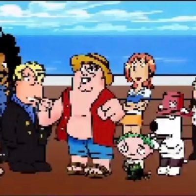 cartoon characters are standing in front of the ocean and one is holding his hand out