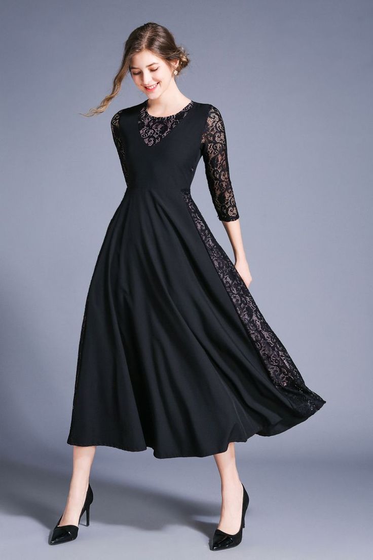 Retro Swing Hollow Out Lace A-Line Black Dress - Uniqistic.com Black Fitted A-line Maxi Dress, Fitted Black A-line Maxi Dress, Black Stretch A-line Midi Dress, Black A-line Fit And Flare Maxi Dress, Black Fit And Flare Maxi Dress For Spring, Black Fit And Flare Dress With Long Sleeves, Fitted Black Maxi Dress With Lace Trim, Black Fitted Maxi Dress With Lace Trim, Elegant Black Fit And Flare Maxi Dress