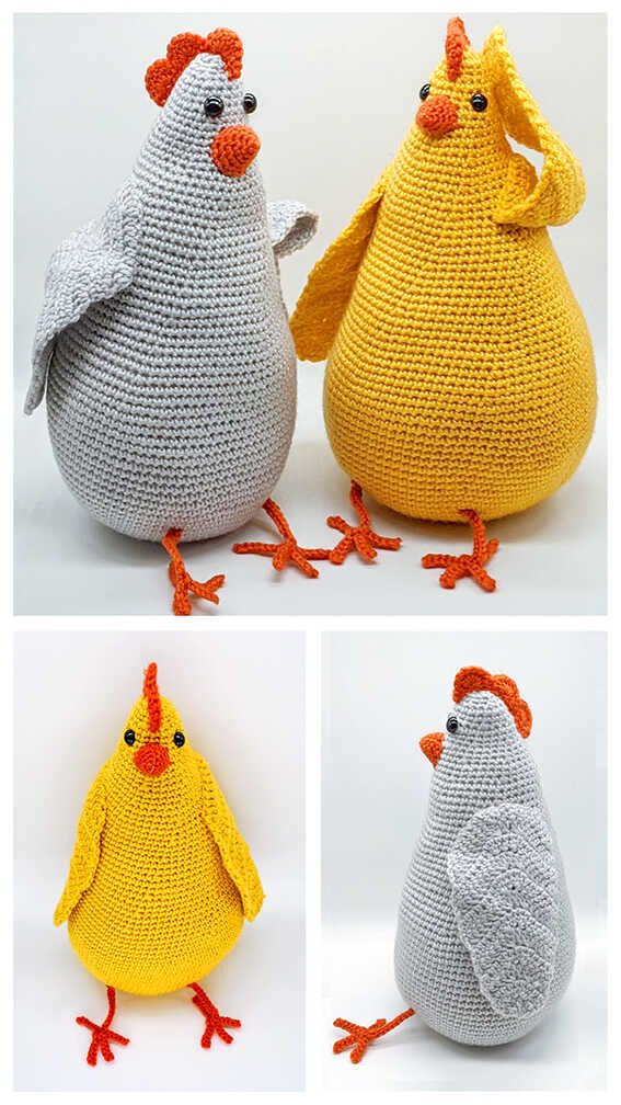 crocheted stuffed chickens are shown in three different colors and sizes, one is yellow, the other is gray