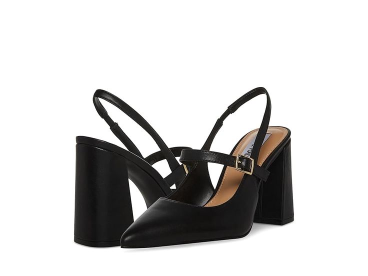 Steve Madden Maegan - High Heels : Black Leather : Make a statement with every step you take in these classy Steve Madden Maegan slingback sandals. These Mary Jane pumps with block heels and pointed closed toe silhouette are crafted from leather upper. Synthetic rubber lining and insole. Top strap with buckle closure. Synthetic rubber outsole. Imported. Measurements: Heel Height: 3 1 2 in Weight: 10 oz Product measurements were taken using size 7, width M. Please note that measurements may vary by size. Synthetic Slingback Heels With 4-inch Heel, Spring Slingback Pumps With 4-inch Block Heel, Synthetic Pointed Toe Slingback Sandals With Padded Heel, Synthetic Slingback Sandals With Padded Heel And Pointed Toe, Synthetic Slingback Pumps With Sculpted Heel And Ankle Strap, Trendy Slingback Pumps With Padded Block Heel, Trendy Leather Slingback Pumps With Pointed Toe, Chic Slingback Sandals With 4-inch Heel And Closed Toe, Open Heel Slingback Sandals With 4-inch Heel For Work