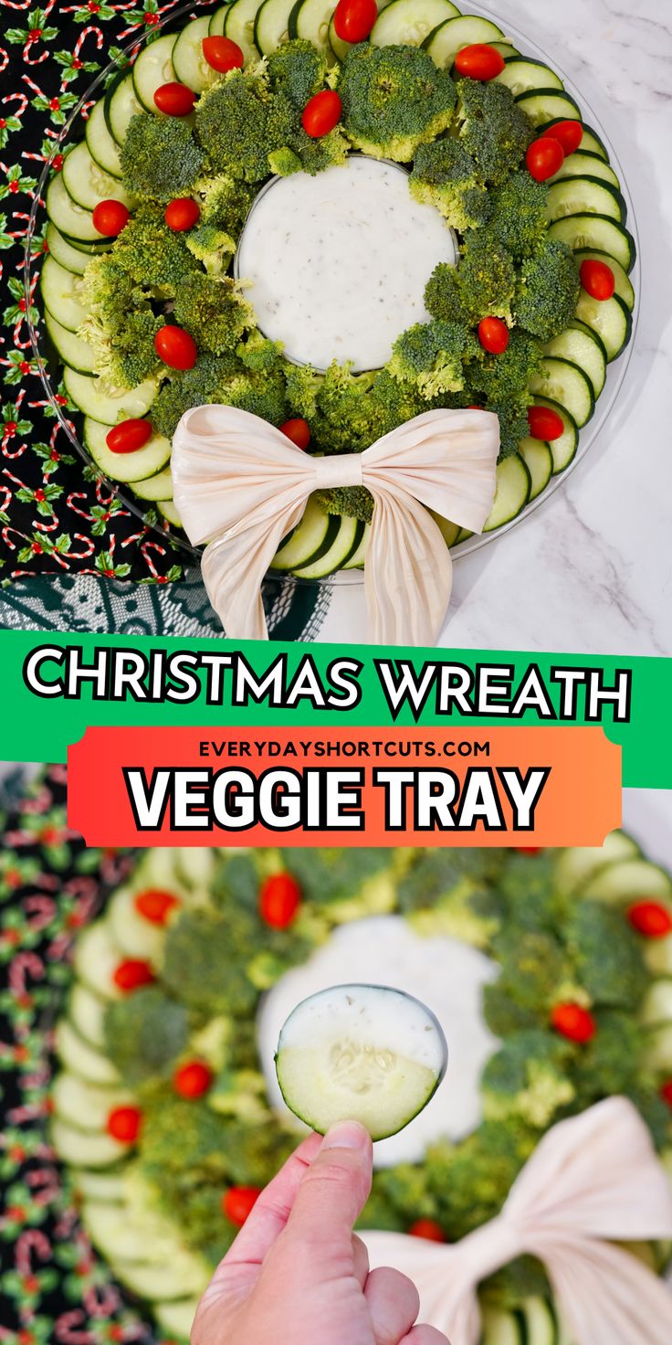 christmas wreath veggie tray with broccoli and cucumbers