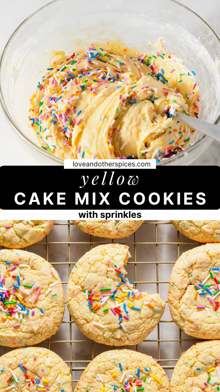 cake mix cookies with sprinkles on a cooling rack and in a glass bowl