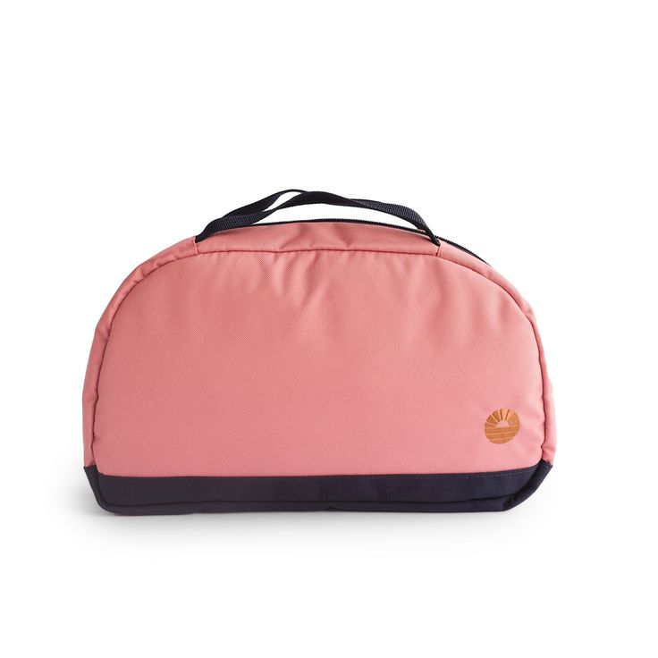 a pink and black bag on a white background