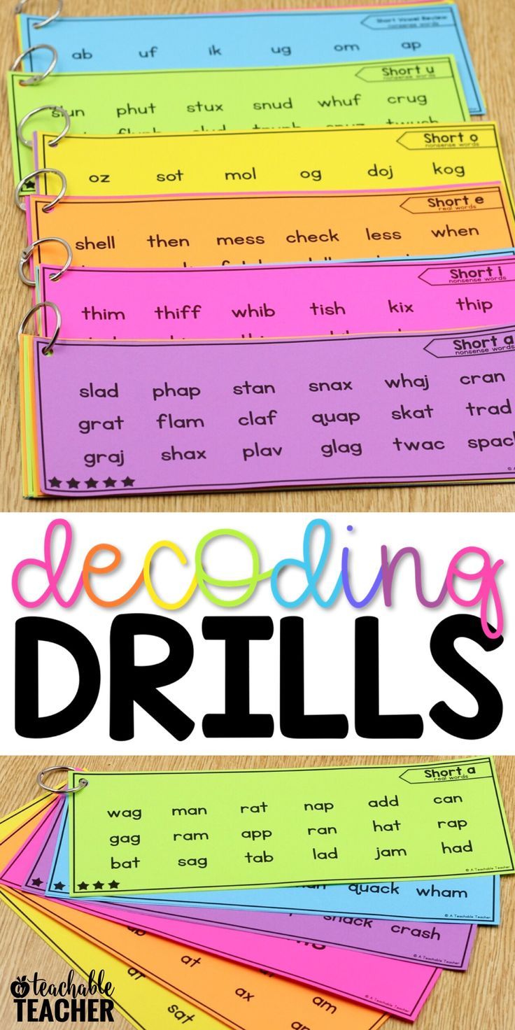 the words decoding drills are shown on top of each other, and in front of them