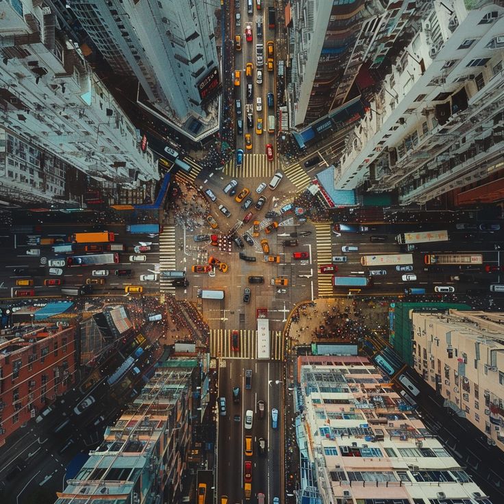 an aerial view of a busy city intersection