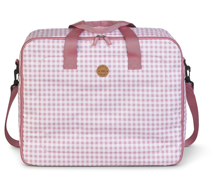 a pink and white gingham checkered bag