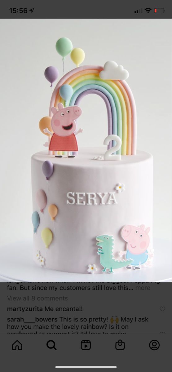 a peppa pig birthday cake with balloons and a rainbow on the top is featured in this instagram post