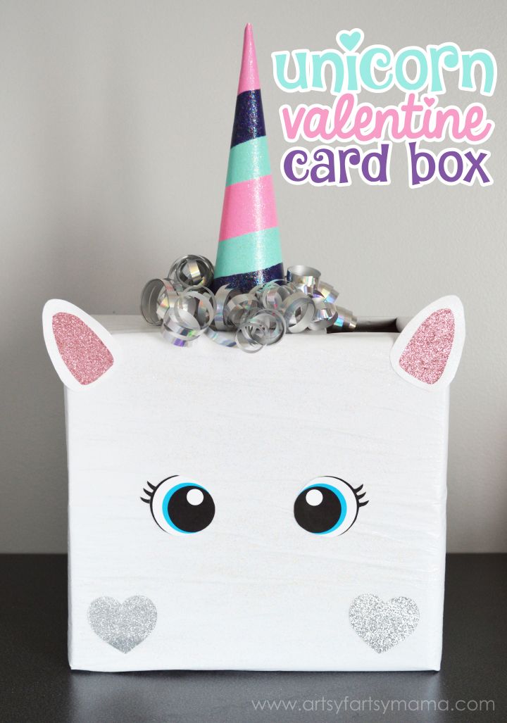 an unicorn valentine card box is decorated with glitter