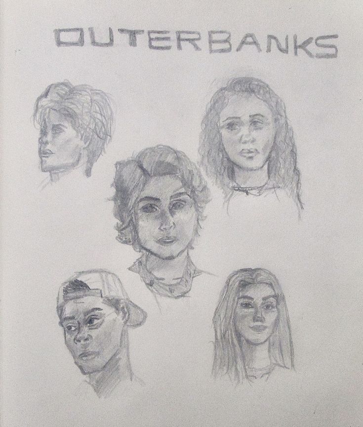 this is a drawing of some people with their heads turned to different sides and the words outer banks above them