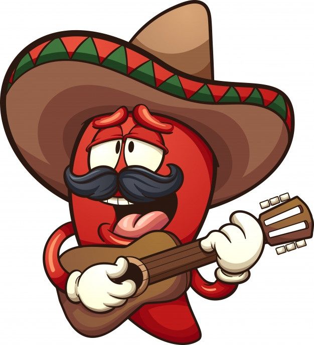 a cartoon mexican pepper with a mustache playing the guitar and wearing a sombrero