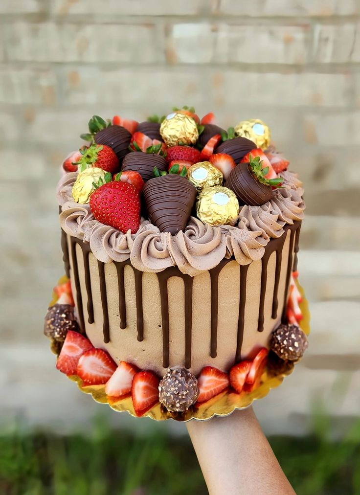 a hand holding a chocolate cake with strawberries and chocolates on the top,