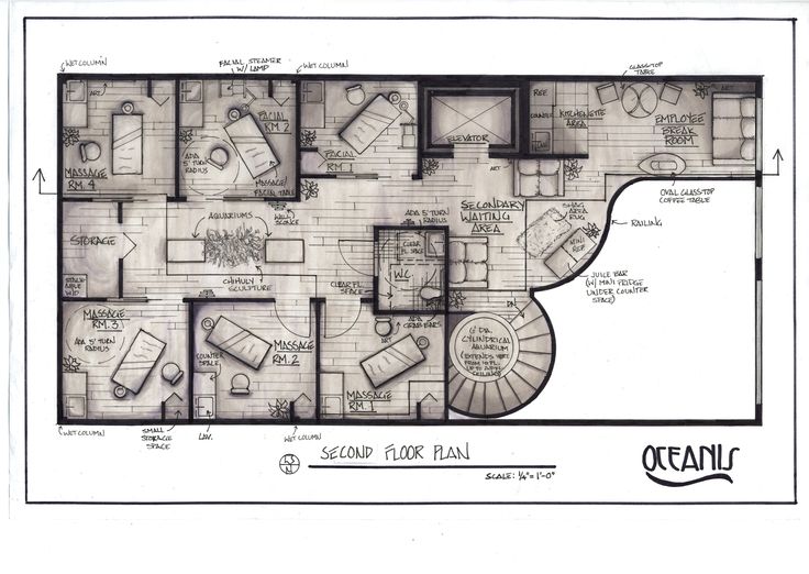 a drawing of a floor plan for a restaurant with seating areas and kitchenettes