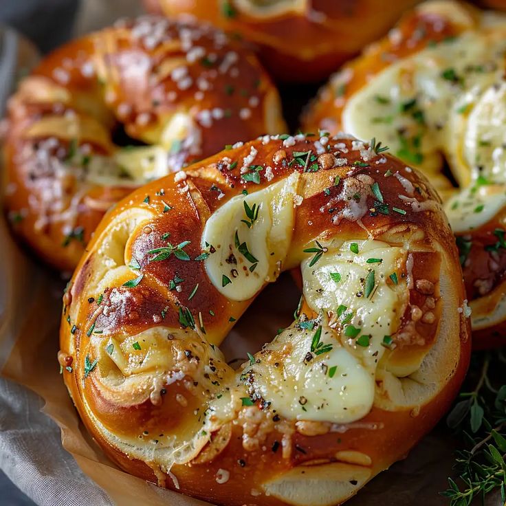 several bagels covered in cheese and herbs