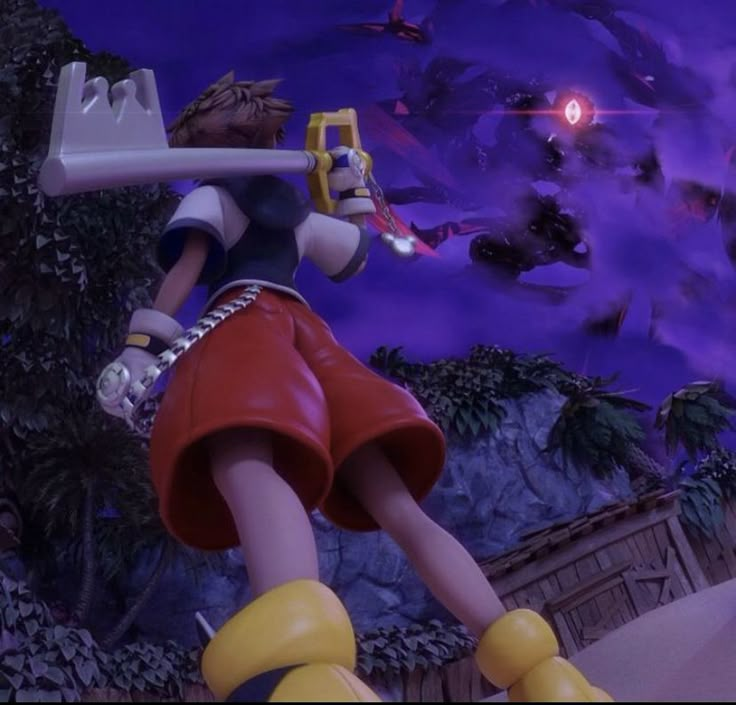 an animated character holding a large object in front of a purple sky