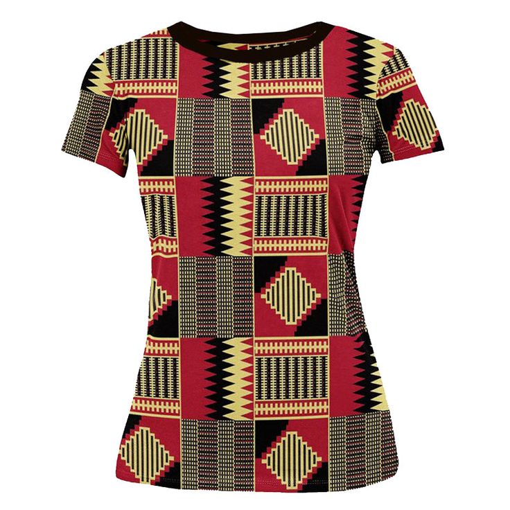 This new Kente Print Women T-shirt features a relaxed fit for Women. T-shirt is durable, breathable and soft. Product Features Please Compare your Measurements To our Size Chart This T-shirt is Designed for fashionable women. Made from 5.47 Oz. 100% polyester. Double-needle hemmed sleeves and bottom. Vivid print that will never fade after washing Soft, lightweight and quick drying. Delivery Time This item will be processed within 3-7 business days (Excluding Weekends and Holidays). Once products Casual Patterned T-shirt With Graphic Print, Fitted Cotton T-shirt With All Over Print, Cotton Short Sleeve Shirt With Vibrant Print, Short Sleeve Cotton Shirt With Vibrant Print, Multicolor Abstract Print Casual T-shirt, Vibrant Print Short Sleeve Cotton Shirt, Trendy Short Sleeve Tops With Abstract Print, Casual Printed Fitted T-shirt, Casual Fitted Printed T-shirt