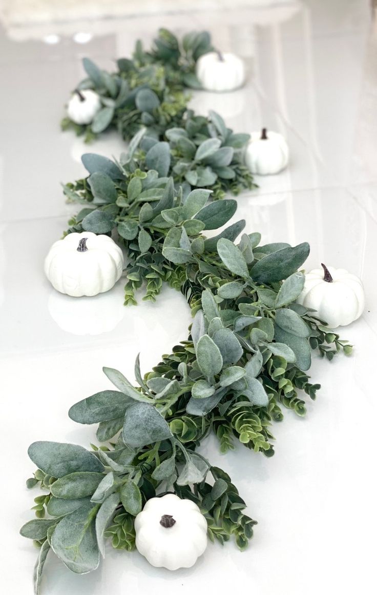 white pumpkins and greenery are arranged on the floor in this long line with leaves