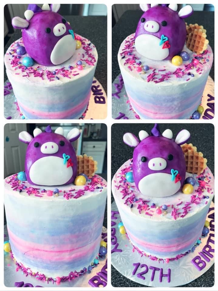 four pictures of a purple cake with sprinkles and an angry bird on top