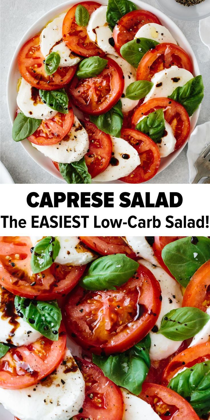 caprese salad with tomatoes, mozzarella and basil leaves in a white bowl