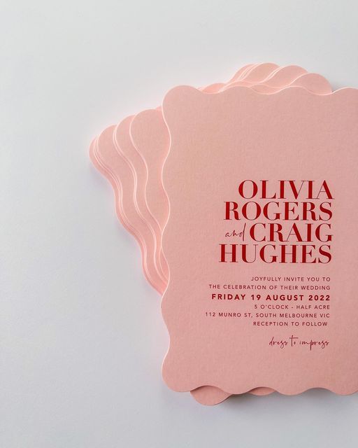 a pink card with the words ollivia rogers and craig hughs on it